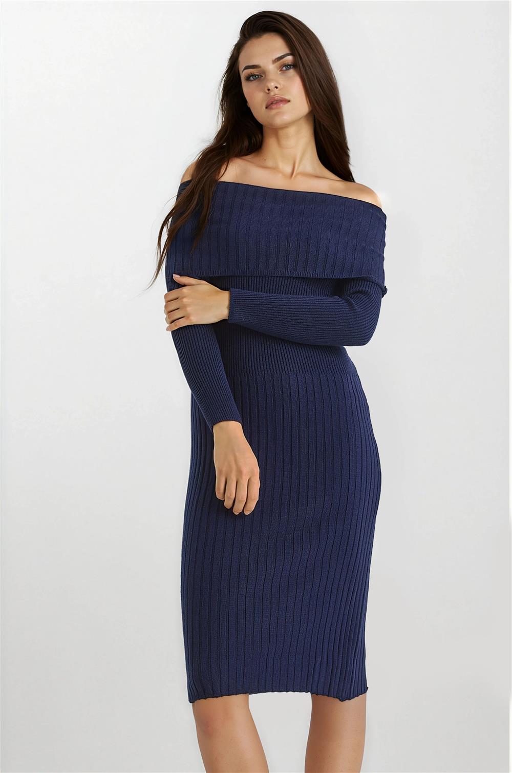 Navy Ribbed Long Sleeve Off-Shoulder Knit Dress WESHAYA Navy Ribbed Long Sleeve Off-Shoulder Knit Dress WESHAYA