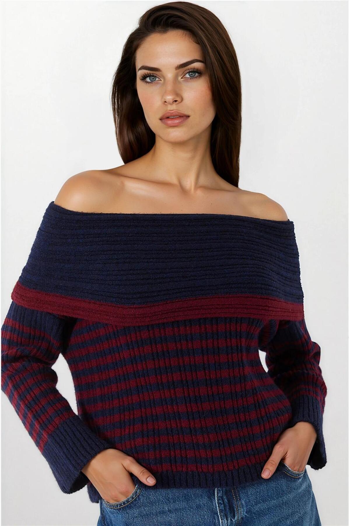 Navy Blue & Burgundy Women Sweater