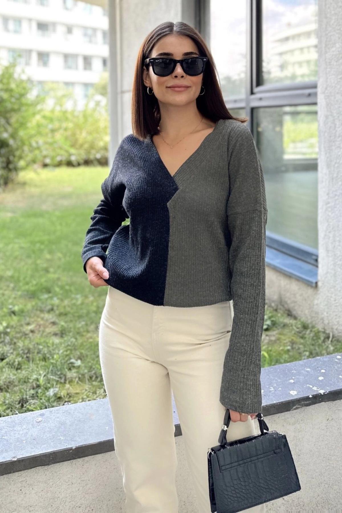 Anthracite & Khaki Women Sweater