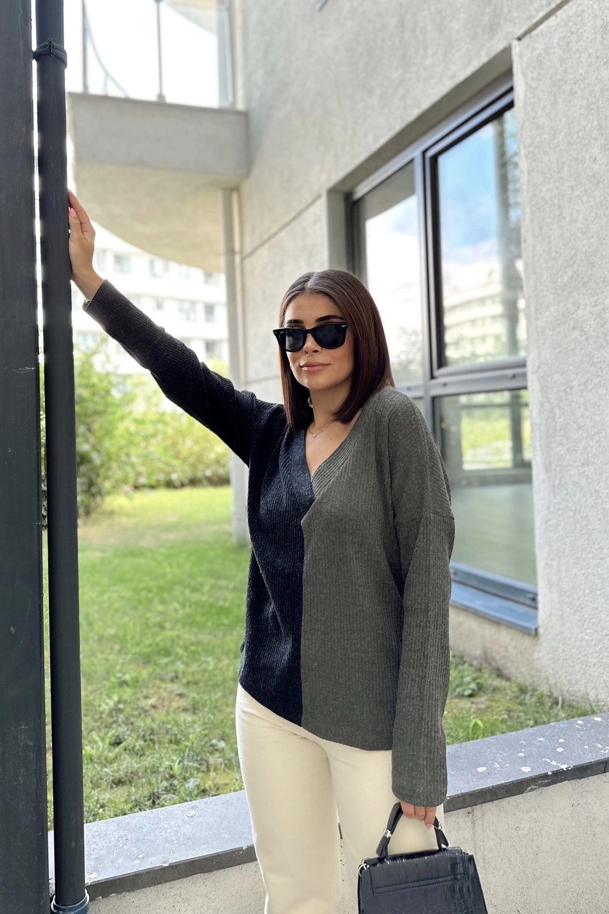 Anthracite & Khaki Women Sweater