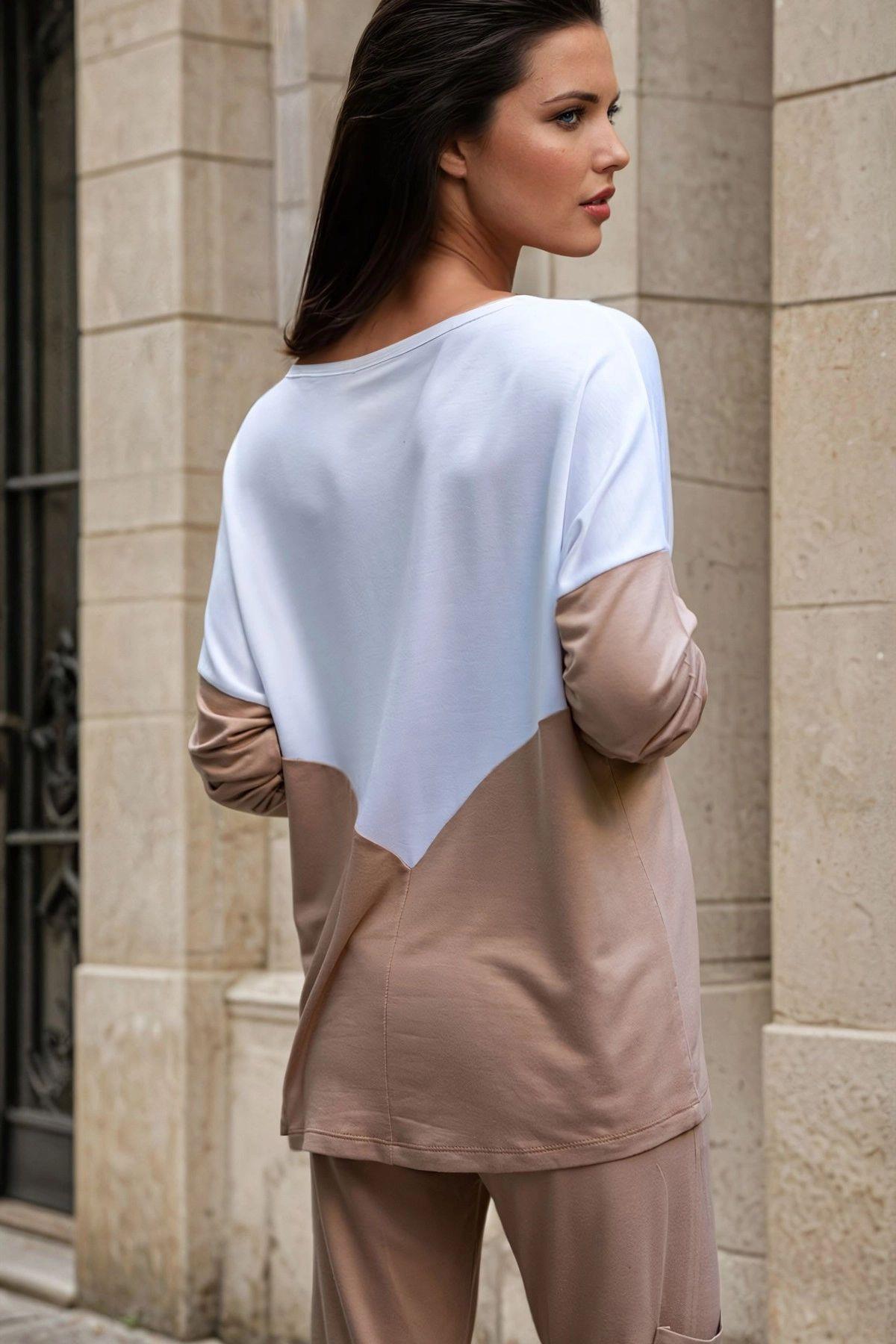 Beige & White Women Blouse