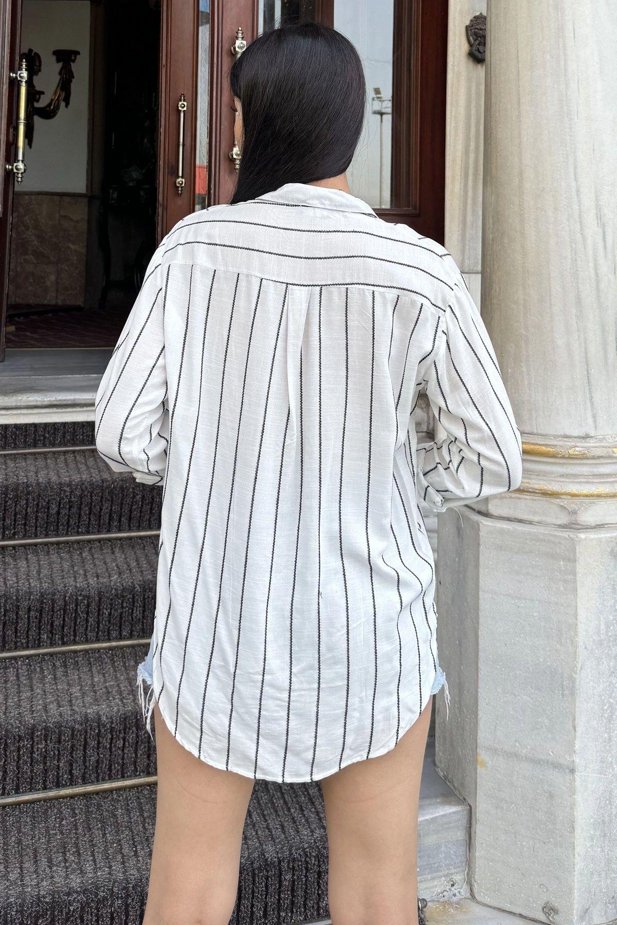 White Black(Striped) Women Shirt