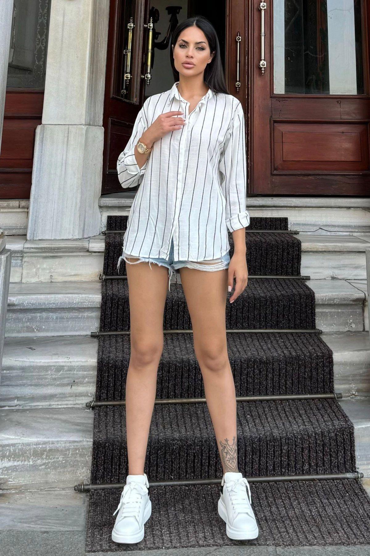 White Black(Striped) Women Shirt