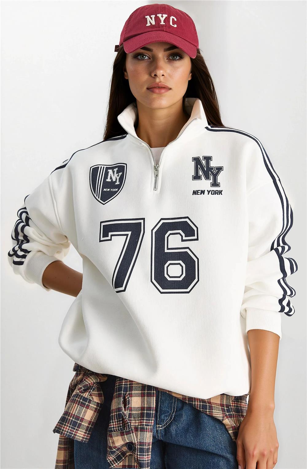 White & Navy Blue Women Sweatshirt