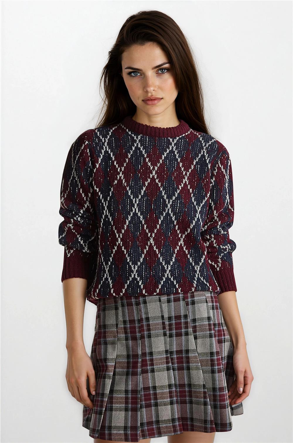 Burgundy & Gray Women Sweater