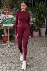Burgundy Women Leggings & Blouse Sports Set