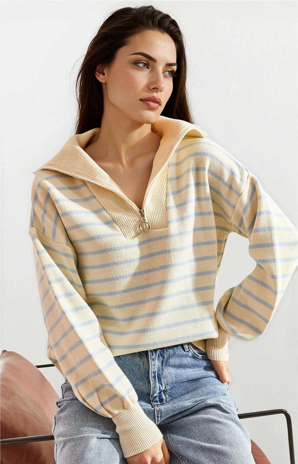 Cream & Baby Blue Women Sweater