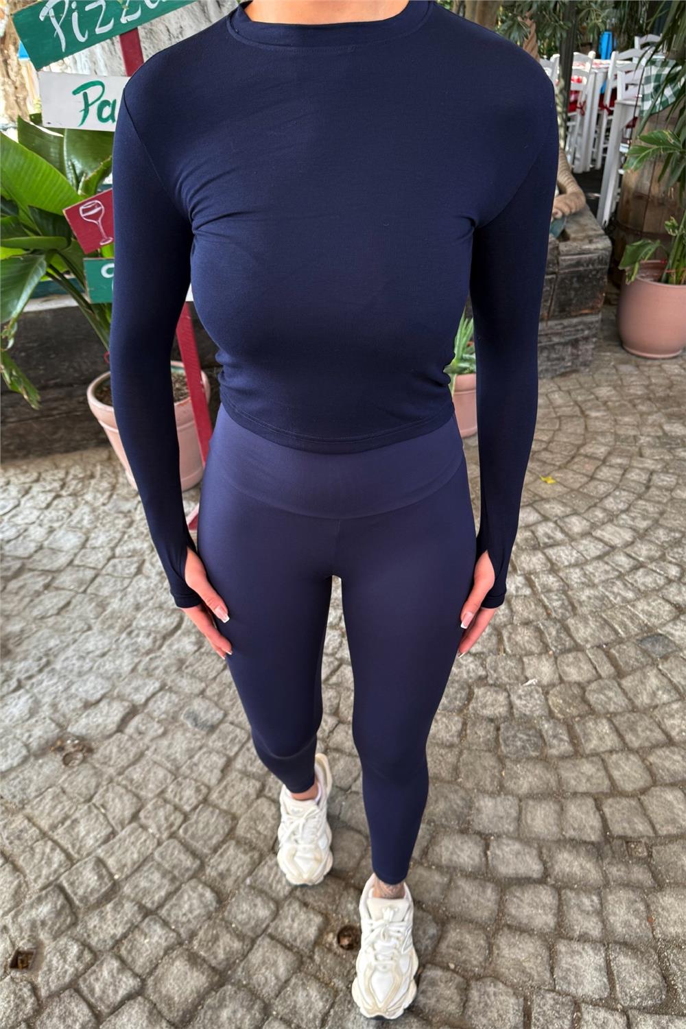 Navy Blue Women Leggings & Blouse Sports Set