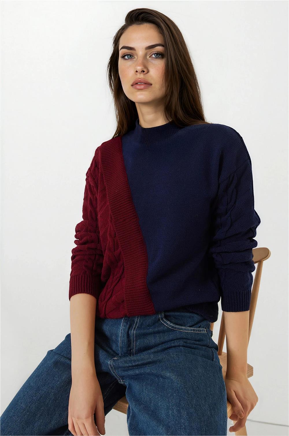 Navy Blue & Burgundy Women Sweater